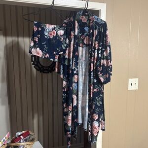 Navy Floral Women's Kimono Robe and Top Set
